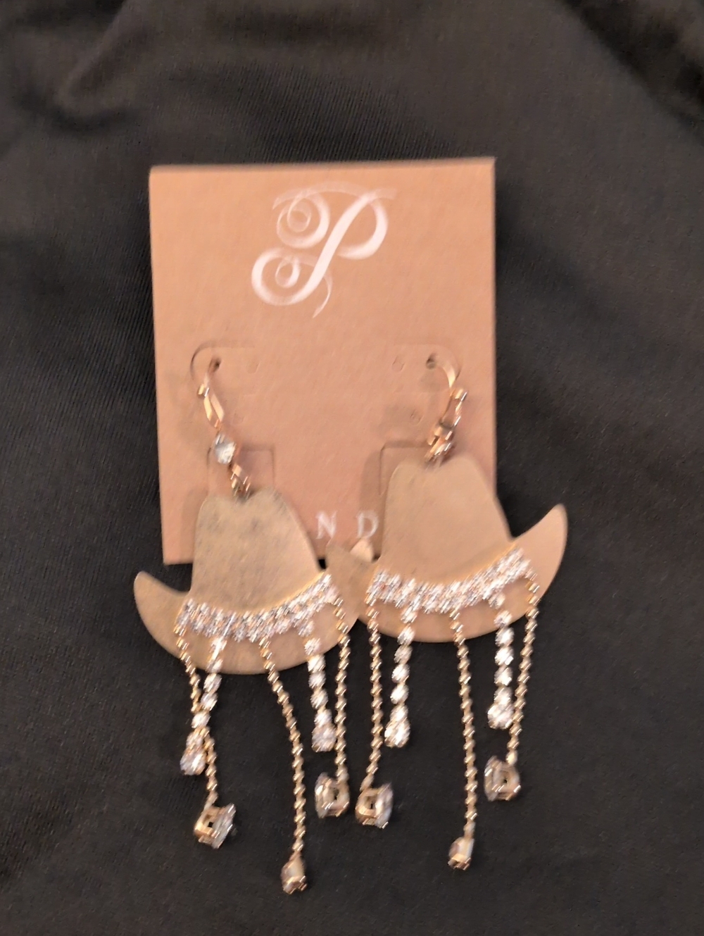 Plunder Gold Western Hat Earrings with Rhinestone Fringe